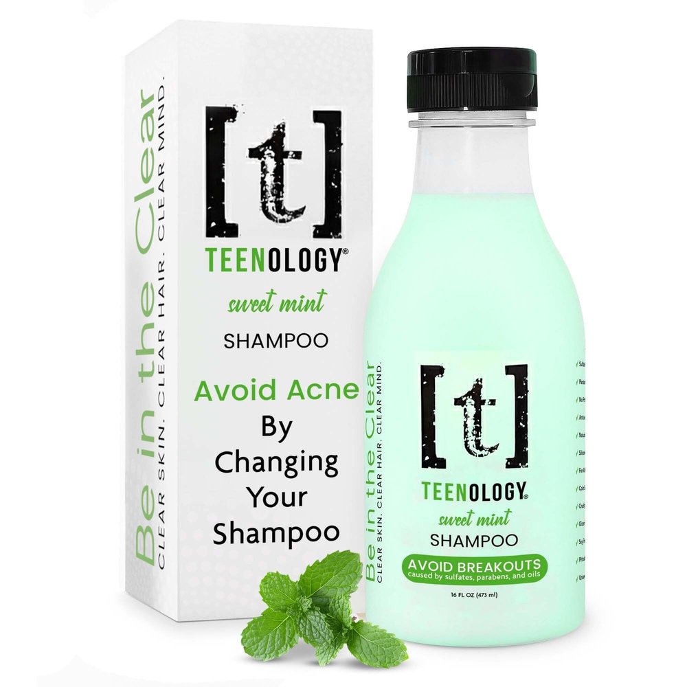 Teenology Teen Shampoo Avoid Acne Breakouts, Non-Comedogenic, For Dry & Oily Scalps, Sulfate & Paraben Free, Natural Botanical Extracts, for Clear Skin & Healthy Hair, 16 oz (Mint)