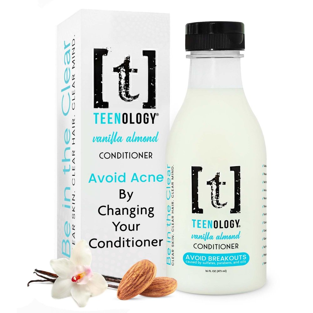 Teenology Teen Conditioner Avoid Acne Breakouts, Non-Comedogenic, For Dry & Oily Scalps, Sulfate & Paraben Free, Natural Botanical Extracts, for Clear Skin & Healthy Hair, 16 oz (Vanilla Almond)