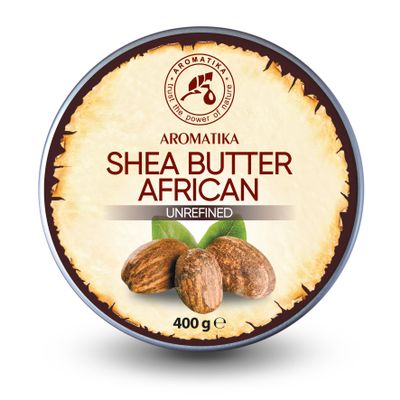 AROMATIKA Shea Butter Cold Pressed 14.1 Oz - Unrefined African Shea Butter - Ghana - 100% Pure & Natural - Best for Hair - Skin - Lip - Face - Body Care - Karite Shea Butter - Aluminium jar