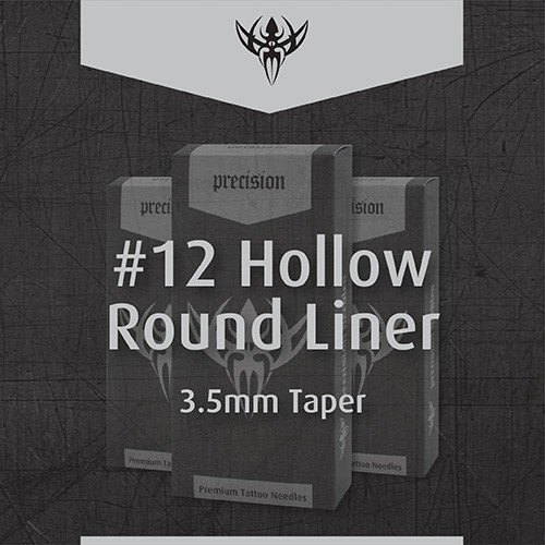 #12 Hollow Round Liner 3.5mm Taper Precision Tattoo Needles - Box of 50