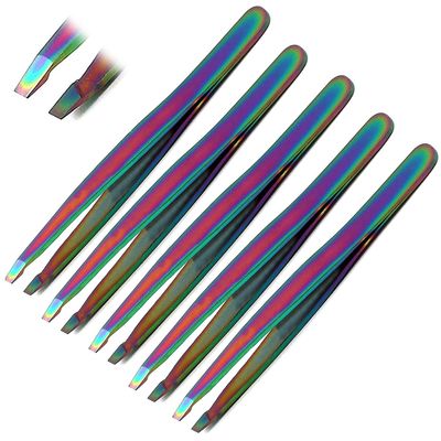 AAPROTOOLS SET OF 5 MULTI TITANIUM COLOR RAINBOW EYEBROW TWEEZERS SLANT TIP STAINLESS STEEL A+ QUALITY