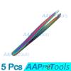 AAPROTOOLS SET OF 5 MULTI TITANIUM COLOR RAINBOW EYEBROW TWEEZERS SLANT TIP STAINLESS STEEL A+ QUALITY view 2