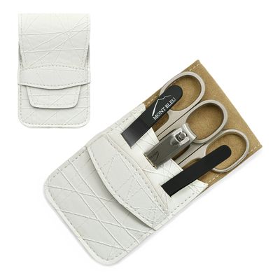 Mont Bleu 5-piece Manicure Set with crystal nail file, in Cruelty Free White Leatherette Case | Italian Scissors - Silver Crystal Nail File - German Case
