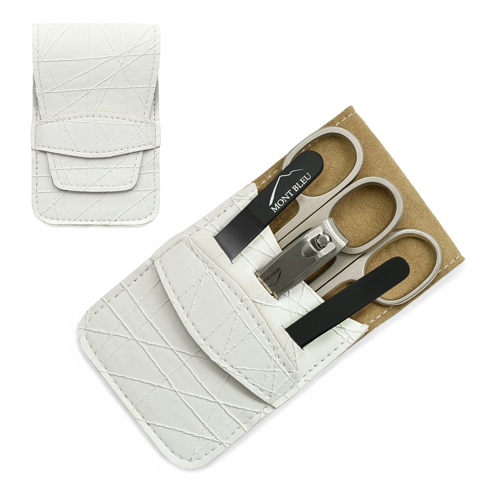 Mont Bleu 5-piece Manicure Set with crystal nail file, in Cruelty Free White Leatherette Case | Italian Scissors - Silver Crystal Nail File - German Case