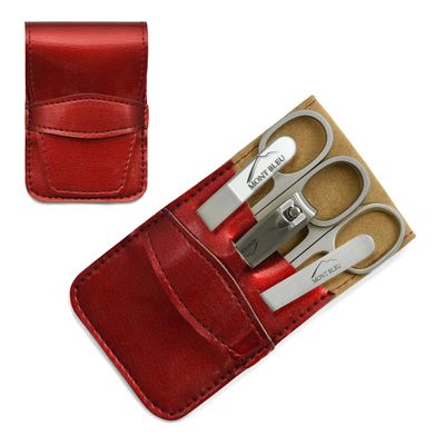 Mont Bleu 5-piece Manicure Set with crystal nail file, in Cruelty Free Red Leatherette Case | Italian Scissors - Silver Czech Crystal Nail File - German Case
