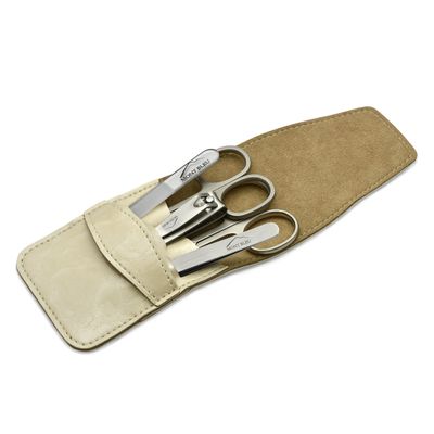 Mont Bleu 5-piece Manicure Set with crystal nail file, in Beige Eco-Leather Case | Italian Scissors - Black Czech Crystal Nail File - German Case