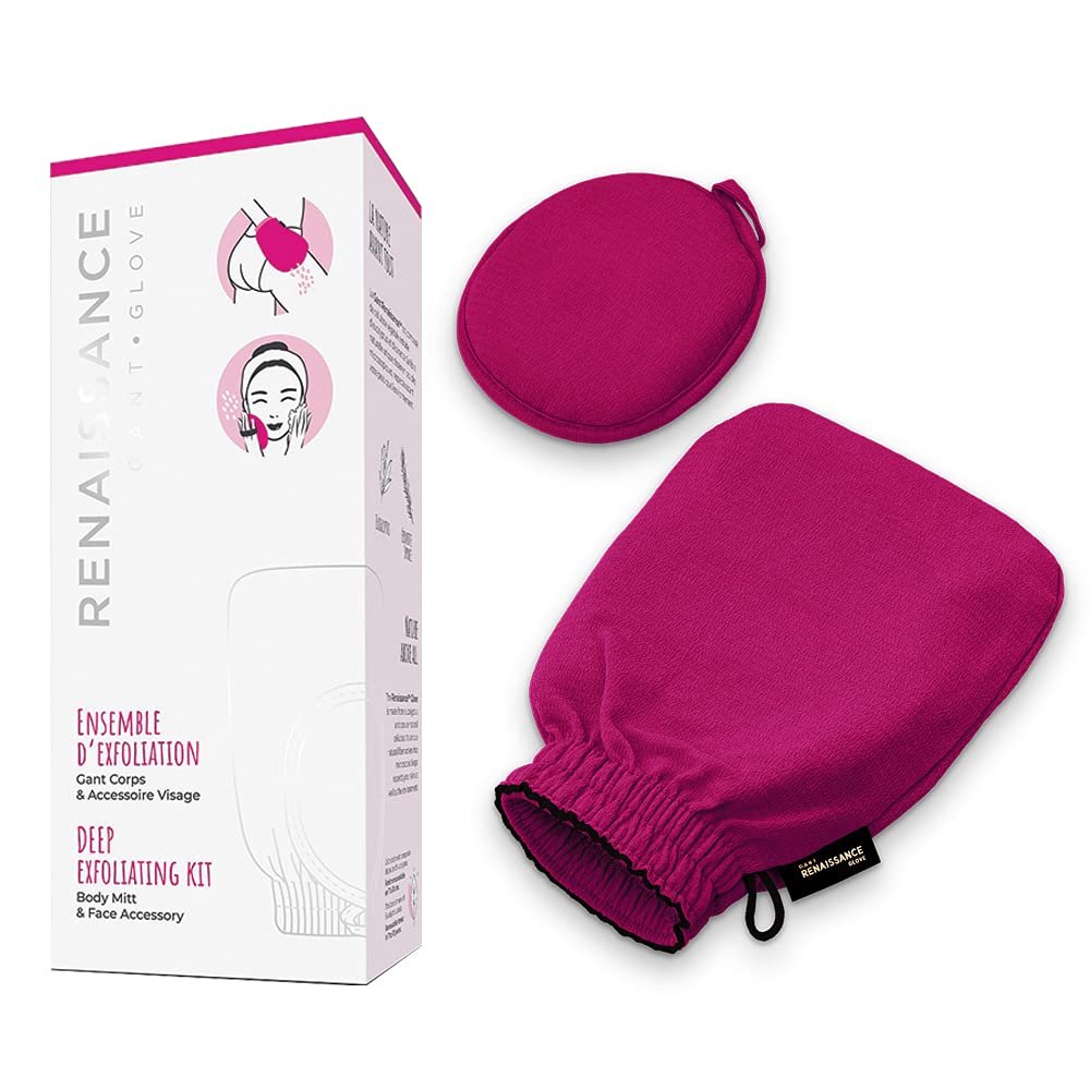 Renaissance Glove a body Exfoliating Mitt with face scrubbing accessory by Daniele Henkel  Vegan more effective & resistant than a loofah, brush or scrub sponge bath -100% natural (Royal Magenta)