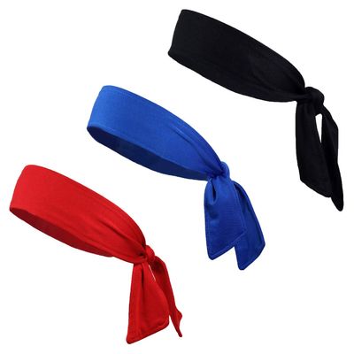 Kenz Laurenz Tie Back Headbands Moisture Wicking Athletic Sports Head Band You Pick Colors (3 Pack Bk/Bl/Rd)