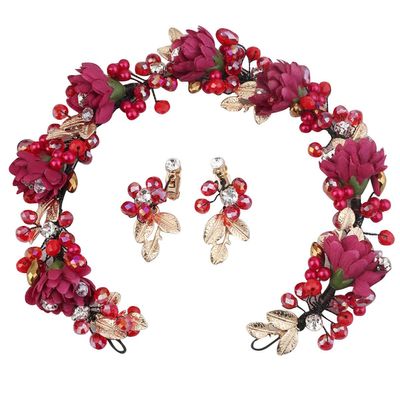 YAOSEN Floral Headband Earrings Set Hair Wreath Flower Garland Crown with Ribbon (Wine)