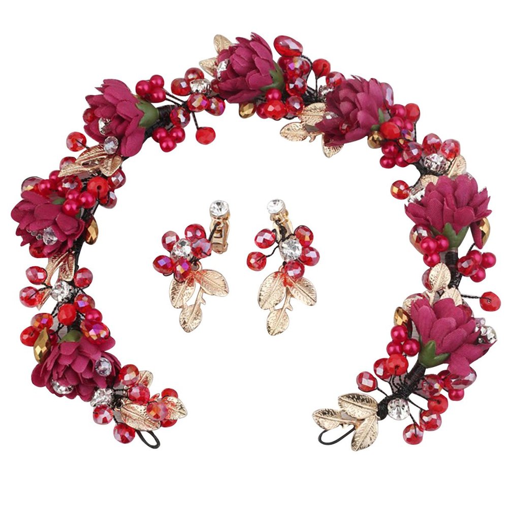 YAOSEN Floral Headband Earrings Set Hair Wreath Flower Garland Crown with Ribbon (Wine)