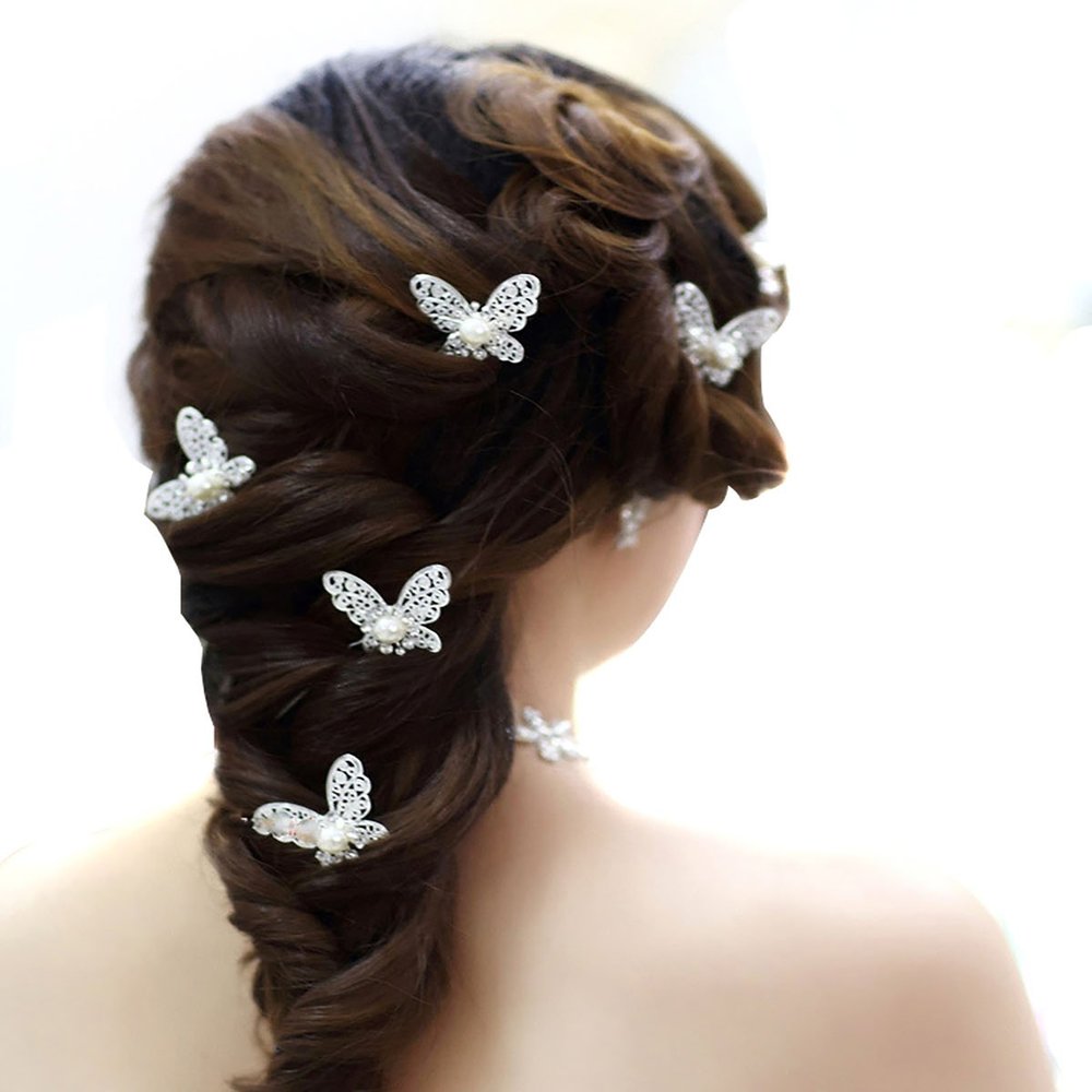 12PCS U-shaped Butterfly Pearl Rhinestone Bridal Wedding Hair Pins Clip Headdress Prom Headwear Hair Accessories Hairpin DIY Accessories for Women Lady (Silver)