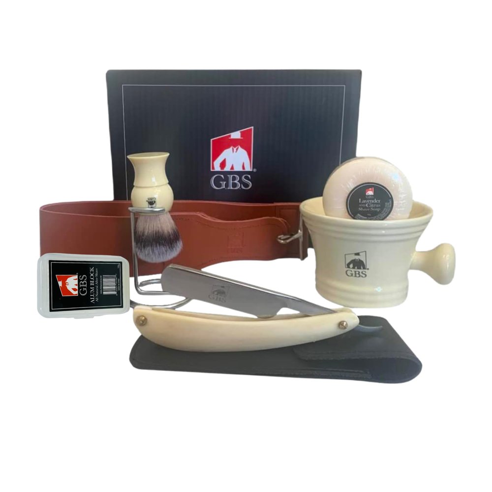 Gents Complete Straight Razor Shaving Kit for Men - 9 Piece Professional Barber Set with Shave Ready Razor, Leather Strop, Ceramic Mug, Brush Stand, Alum Block & Shaving Soap