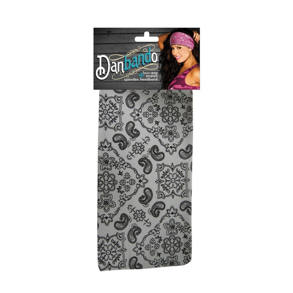 Danbando Headband Head Wrap Bandanna White Black Paisley 4 Way Stretch Sweatband