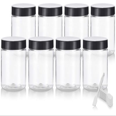 JUVITUS 8 oz Clear PET Plastic Straight Sided Jar with Black Lids (8 pack) + Spatulas