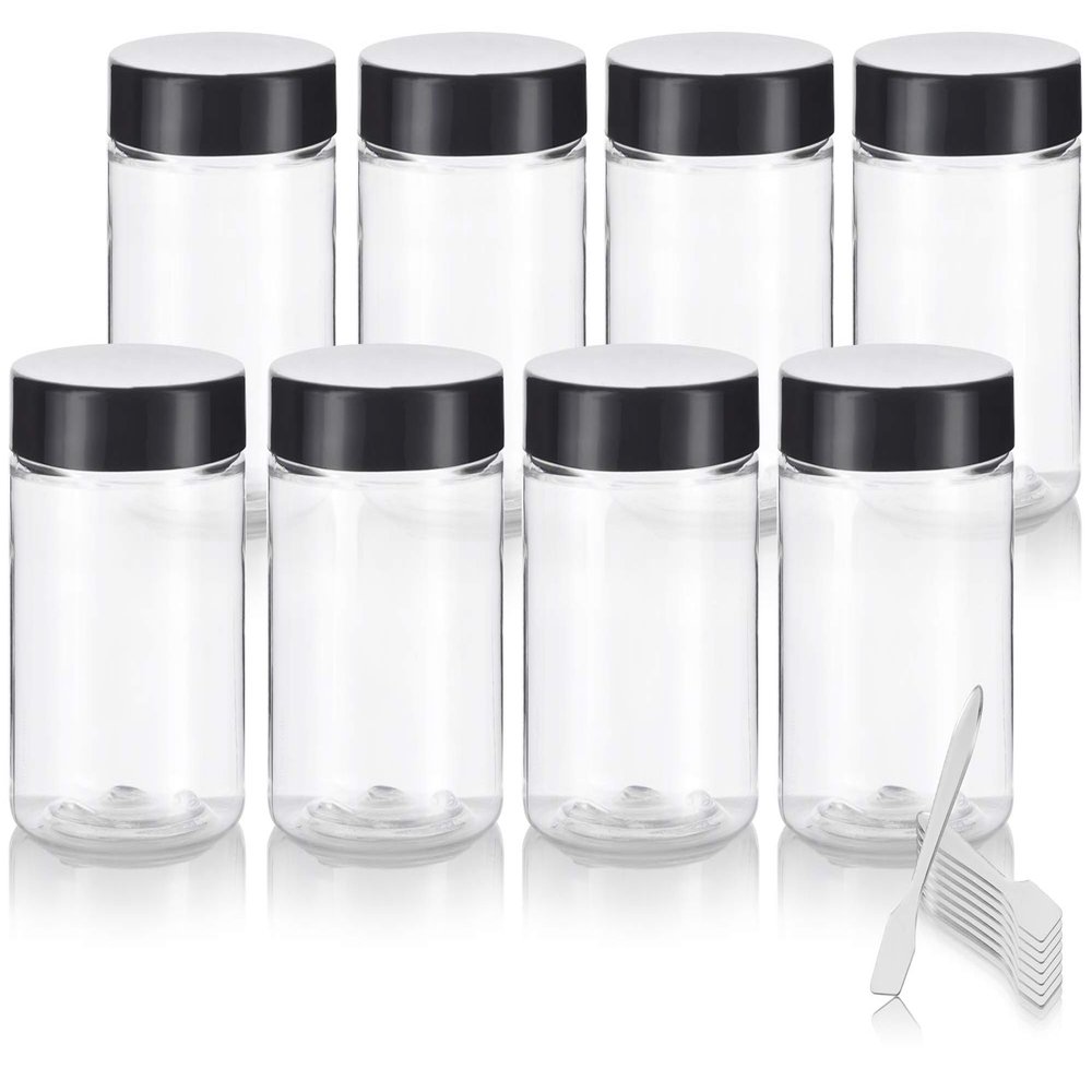 JUVITUS 8 oz Clear PET Plastic Straight Sided Jar with Black Lids (8 pack) + Spatulas