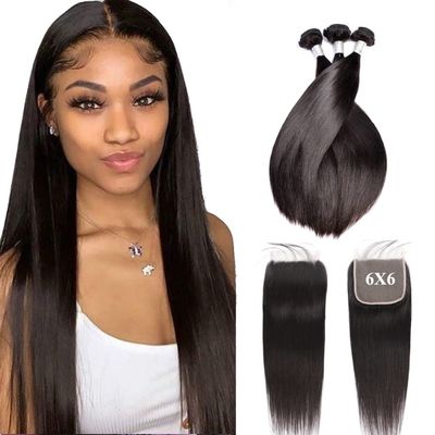 Forawme Full Head Weave Bundles With Closure 6X6 Transparent Lace Closure Hair Weave Brazilian Virgin Straight 22 22 22 With 20 Inch For Black Women