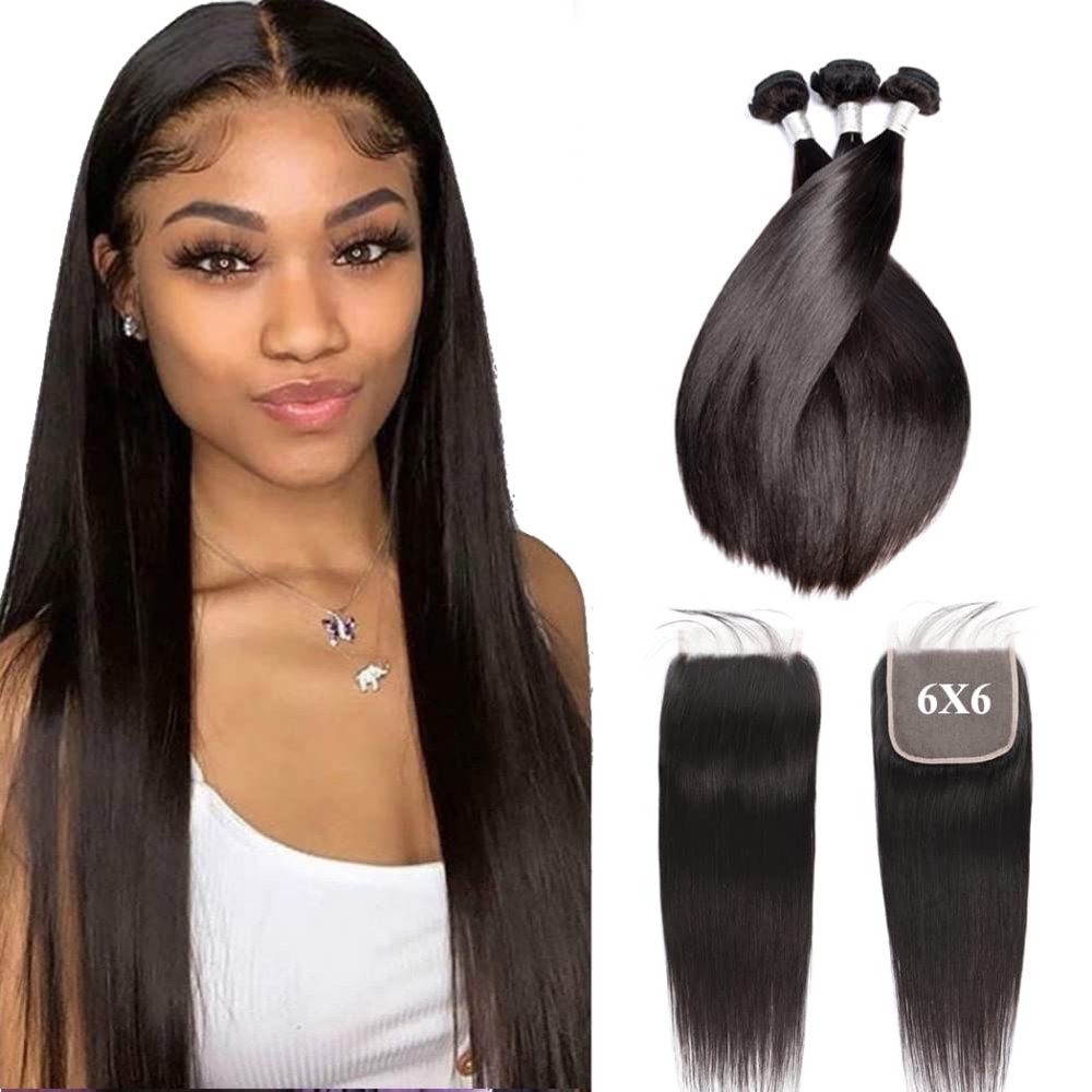 Forawme Full Head Weave Bundles With Closure 6X6 Transparent Lace Closure Hair Weave Brazilian Virgin Straight 22 22 22 With 20 Inch For Black Women