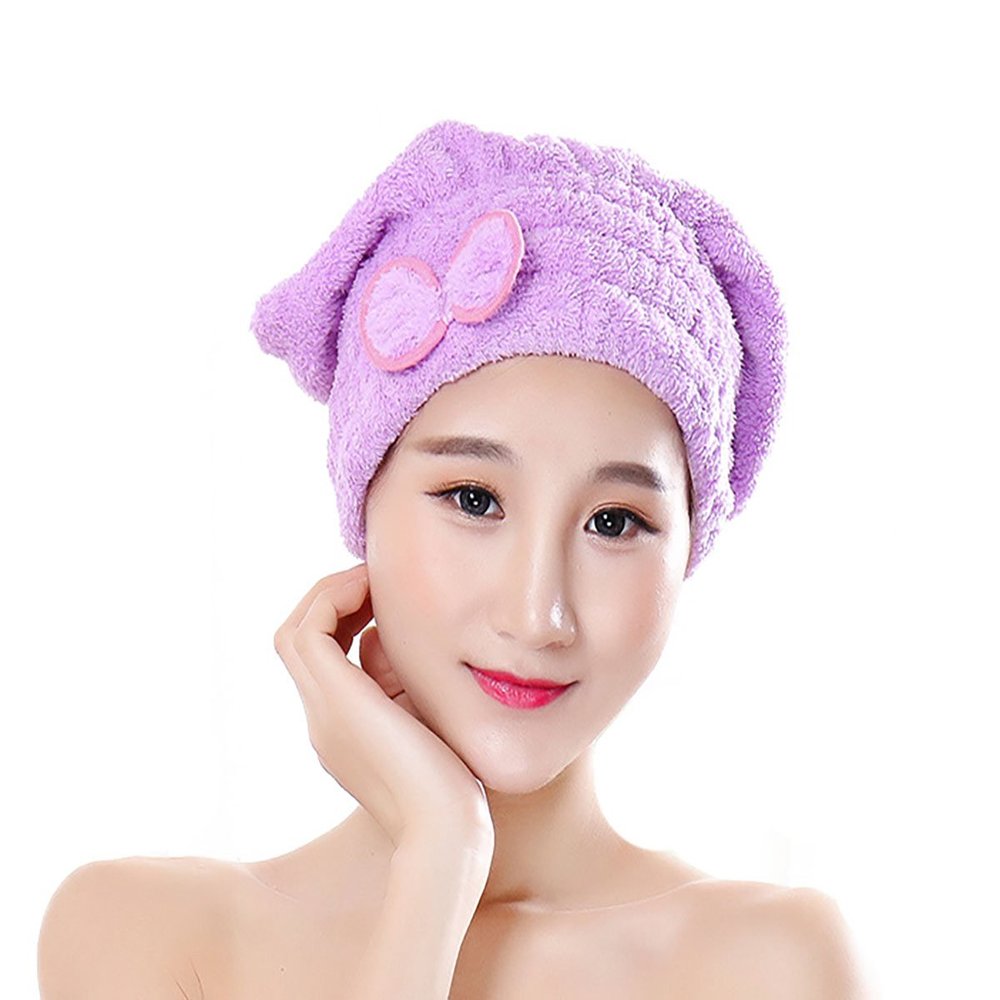 2PCS Fast Drying Hair Hat Cap with Bowknot Long Hair Head Wrap Hat Turban Microfiber Hair Drying Towels Bathroom Products (Purple)