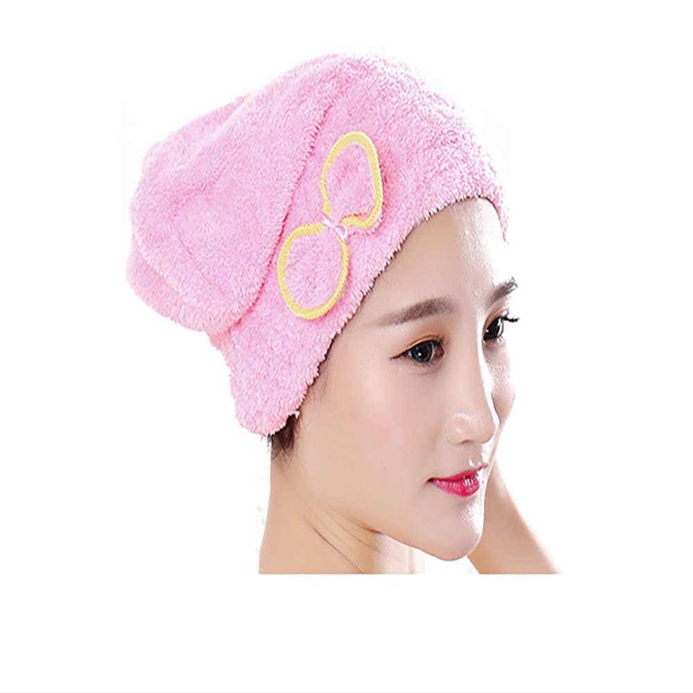 2PCS Fast Drying Hair Hat Cap with Bowknot Long Hair Head Wrap Hat Turban Microfiber Hair Drying Towels Bathroom Products (Pink)