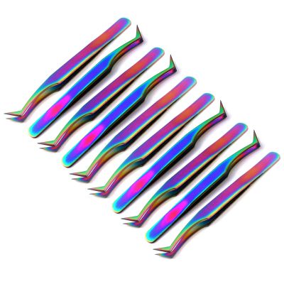 AAPROTOOLS 10 PCS Stainless Steel Multi Rainbow Color 3D Eyelash Extension Tweezers SEMI Angled A+ Quality