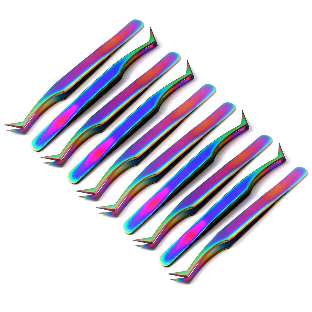 AAPROTOOLS 10 PCS Stainless Steel Multi Rainbow Color 3D Eyelash Extension Tweezers SEMI Angled A+ Quality