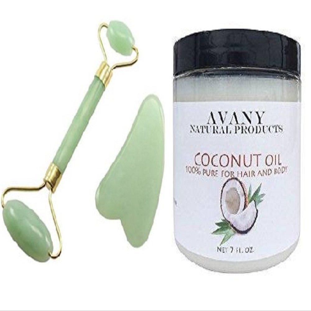 Avany Gua Sha Skincare 3 Pc Set - Organic Coconut Oil + Gua Sha Face and Body Massage Roller Scraper Tools, Lymphatic Drainage & Detox (Gua Sha Tools)