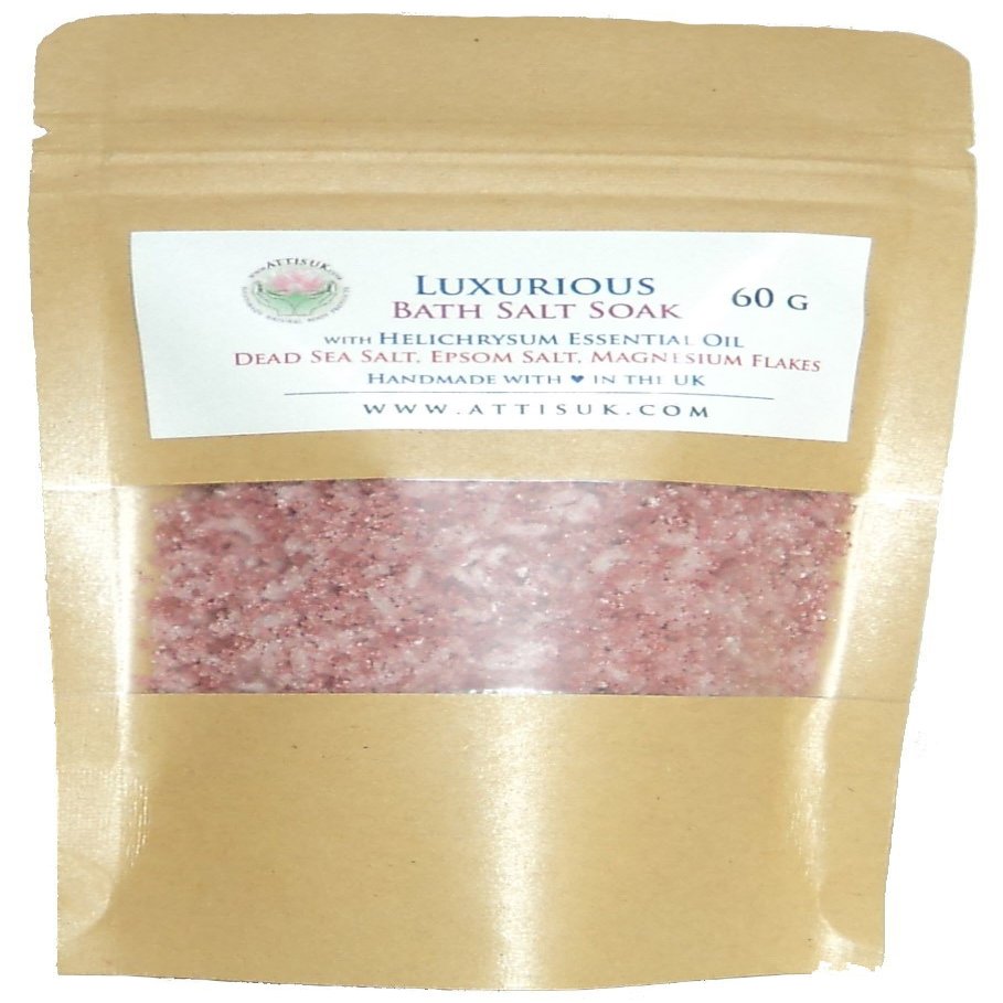 ATTIS Luxurious Bath Salt Soak with Helichrysum Essential Oil, Dead Sea Salt, Magnesium Flakes, Epsom Salt | Vegan | Hand Made | Relaxing | Refreshing | Calming | Rejuvenating (2.11oz)