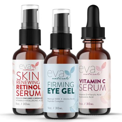 Eva Naturals Facelift in a Bottle Serum Set  Vitamin C, Retinol & Eye Gel for Face & Eyelid  Firming Wrinkle Moisturizer Kit  Dark Circle, Eye Bag & Neck Care  Anti Wrinkle Skin Care for Women