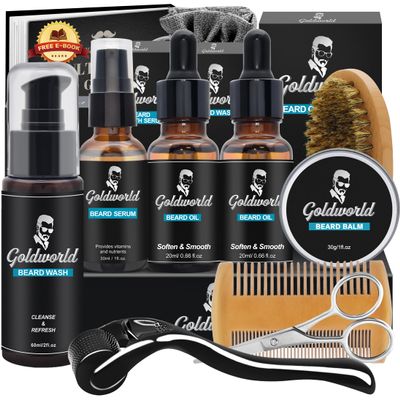 Beard Kit,Beard Grooming Kit w/Beard Wash/Shampoo,2 Packs Beard Oil,Beard Balm,Beard Wash,Brush,Comb,Scissor,Storage Bag,E-Book,Beard Care&Trimming Kit