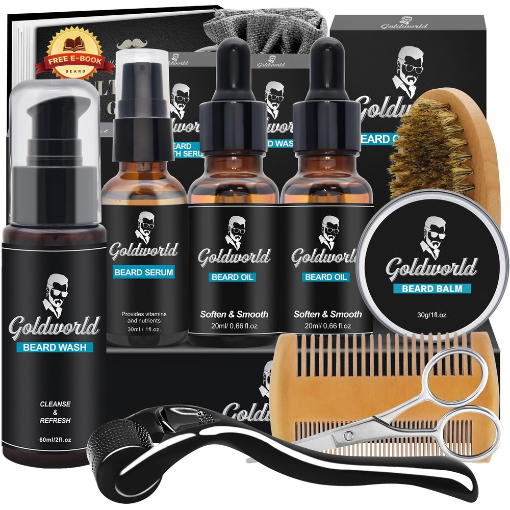 Beard Kit,Beard Grooming Kit w/Beard Wash/Shampoo,2 Packs Beard Oil,Beard Balm,Beard Wash,Brush,Comb,Scissor,Storage Bag,E-Book,Beard Care&Trimming Kit