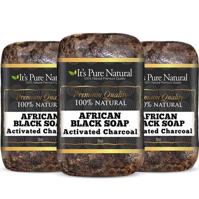 It's Pure Natural African Black Soap Bars with Activated Charcoal (Pack of 3) Organic Raw Soap for Face & Body, Acne Treatment & Dark Spot Remover [Made in Ghana]