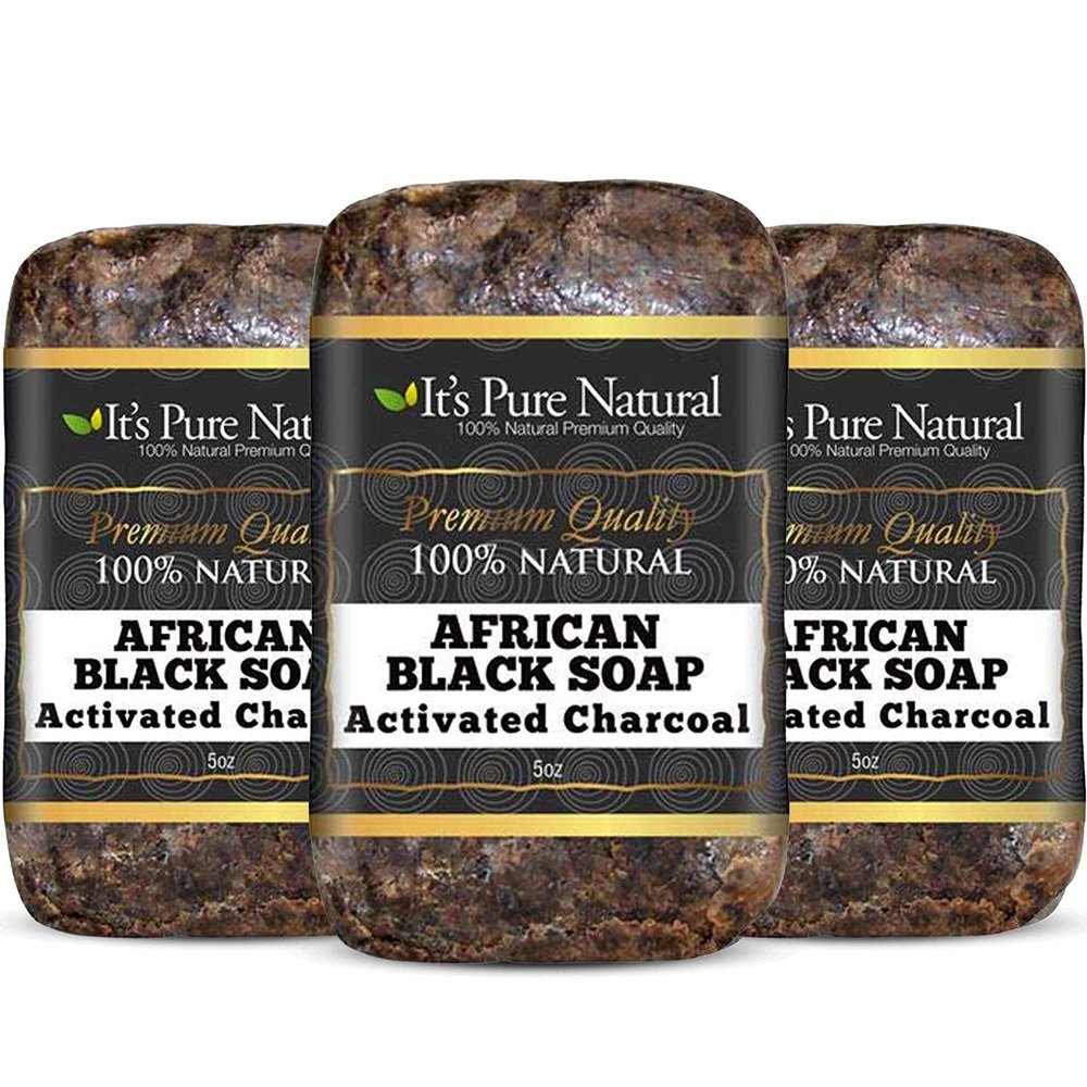 It's Pure Natural African Black Soap Bars with Activated Charcoal (Pack of 3) Organic Raw Soap for Face & Body, Acne Treatment & Dark Spot Remover [Made in Ghana]