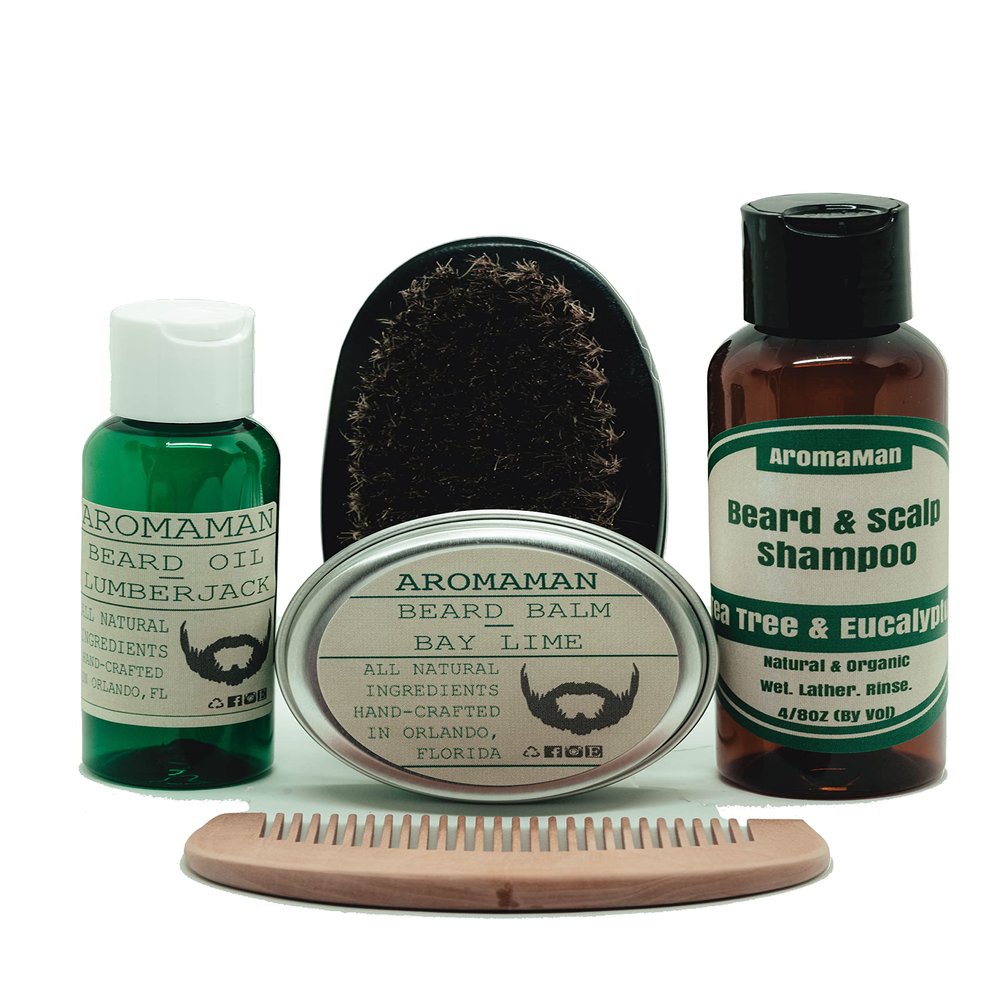 Aromaman Beard Care All-Natural Hand Crafted Beard Oil, Balm, Shampoo and Beard Brush/Comb. Choose your set!