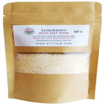 ATTIS Luxurious Bath Salt Soak with Ylang Ylang Essential Oil, Magnesium Oil, Dead Sea Salt | Vegan | Hand Made | Relaxing | Refreshing | Calming | Rejuvenating (2.11 oz)