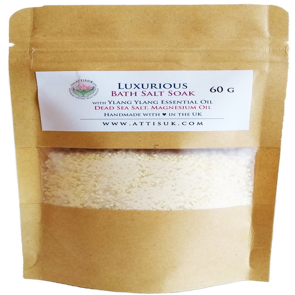 ATTIS Luxurious Bath Salt Soak with Ylang Ylang Essential Oil, Magnesium Oil, Dead Sea Salt | Vegan | Hand Made | Relaxing | Refreshing | Calming | Rejuvenating  (2.11 oz)