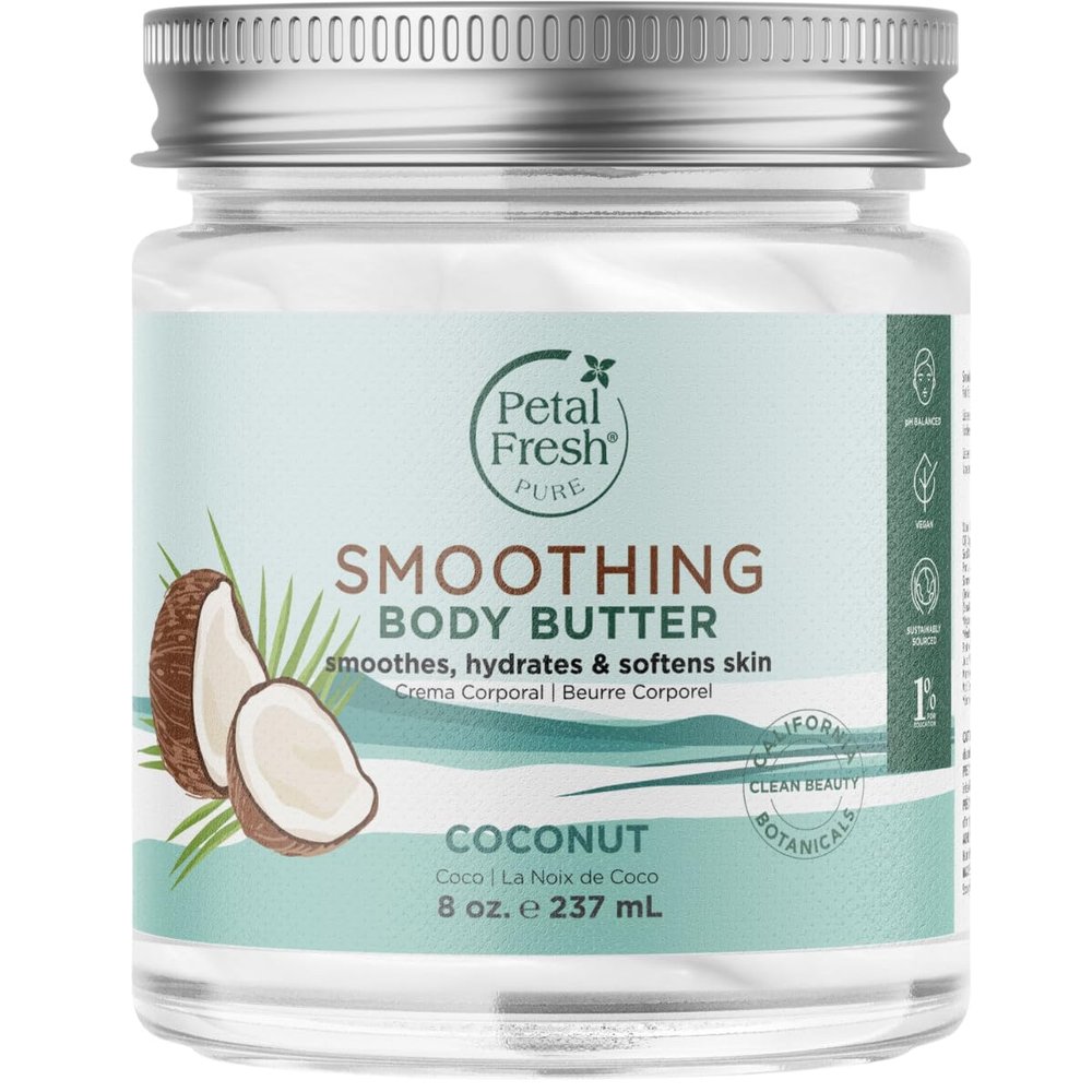 Petal Fresh Pure Smoothing Coconut Body Butter, Organic Argan Oil, Shea Butter, Intense Hydration, For All Skin Types, Natural Ingredients, Vegan and Cruelty Free, 8 oz