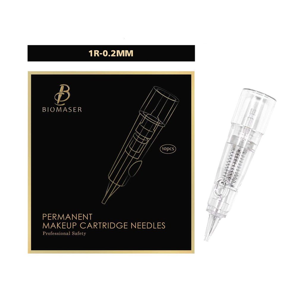 Cartridge Needles  BIOMASER 10PCS Sterilized Permanent Makeup Cartridge Needles Tattoo Needle Fits for Permanent Makeup Machine Pen T100 P1 X1 for Eyebrow Eyeliner Lip(1R-0.2MM)
