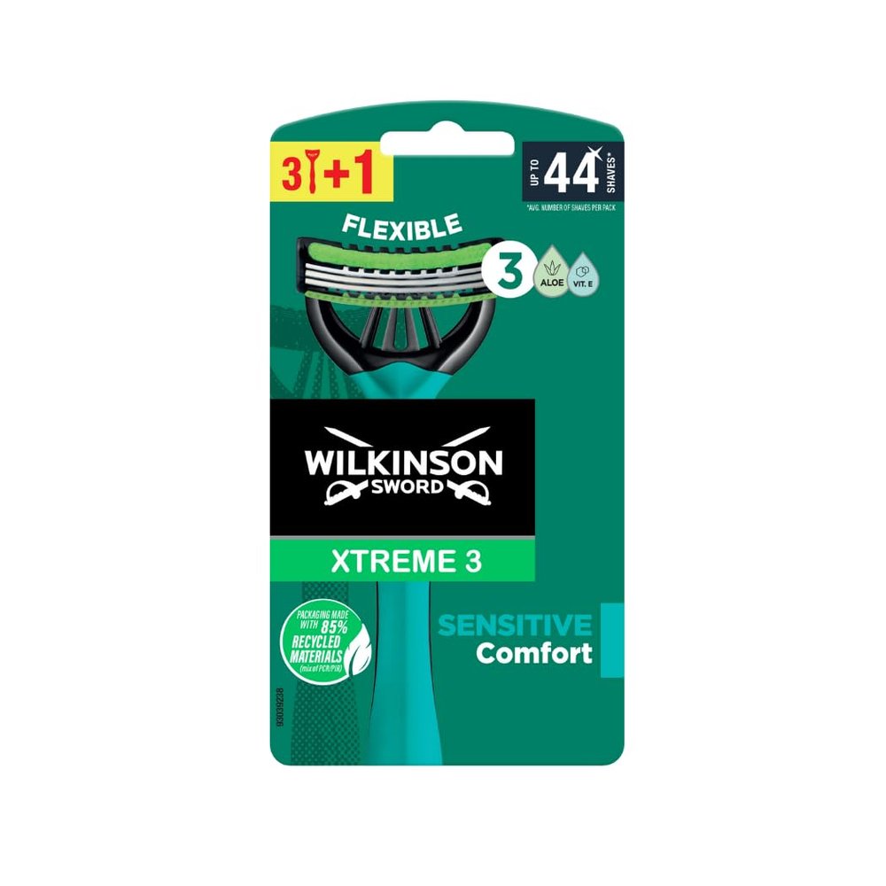 Wilkinson Sword Xtreme 3 Sensitive Disposable Razor Pack of 3, Plus 1 Free
