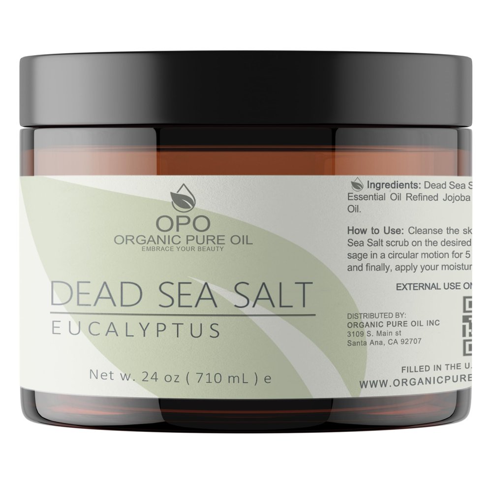 Pure and Natural Dead Sea Salt Scrub | Hydrating and Moisturizing | Gently Exfoliates Face Body Feet & Hands with Soothing Jojoba Oil and Vitamin E by Organic Pure Oil (Eucalyptus, 24 oz)
