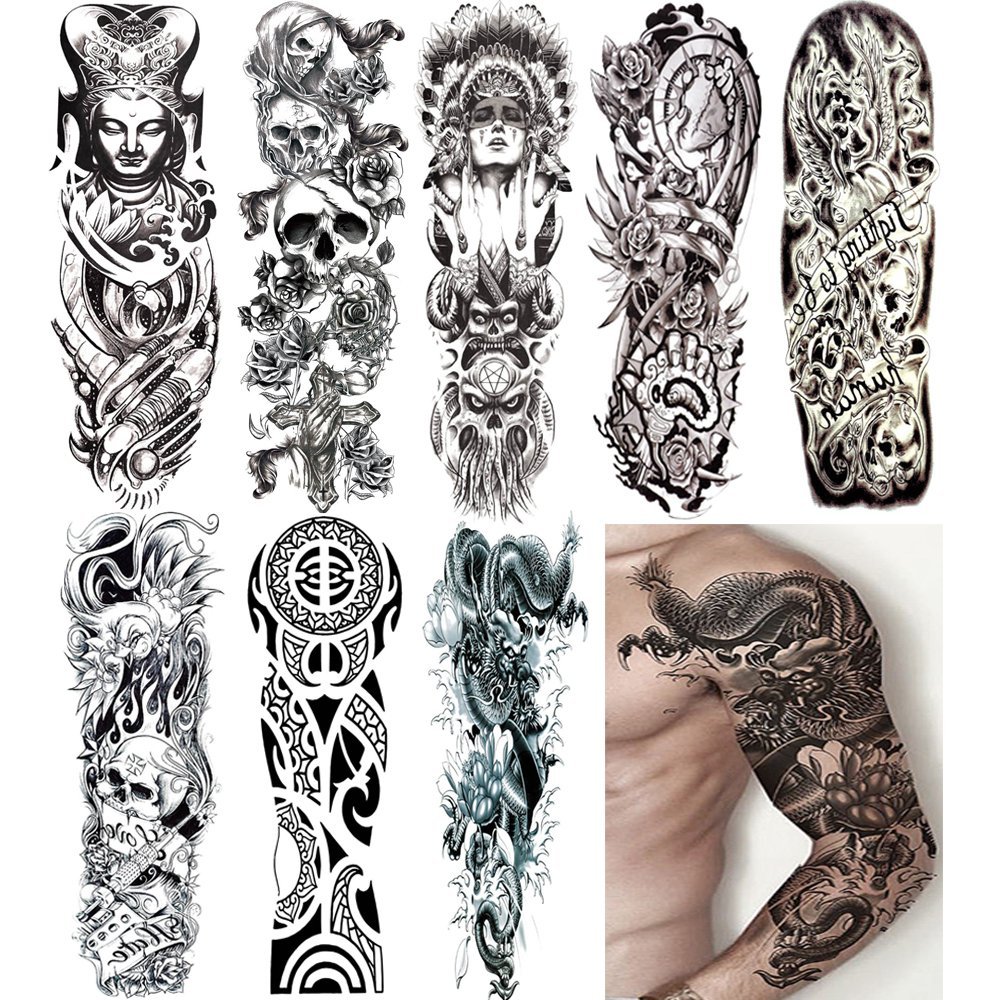 Amyzor 18.9x6.7 Large Temporary Tattoo Stickers 8 Sheets for Teens Guys Men Women, Sexy Fake Tattoo Biker Tattoo Sleeves Waterproof Body Stickers for Full Arms Shoulders Chest & Back, Black 2