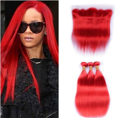 Ruma Hair 8A Rihanna #Red Brazilian Silky Straight Virgin Human Hair Weave Weft Extensions 3 Bundle Deals With Free Part Pre Plucked 13x4 Ear to Ear Full Lace Frontal Closure 4Pcs Lot (20+22 24 26)