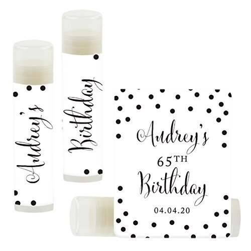 Andaz Press Personalized Milestone Birthday Party Lip Balm Party Favors, Black and White Modern, Audrey's 65th Birthday, 12-Pack, Custom