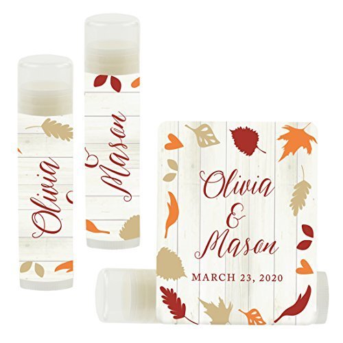 Andaz Press Personalized Bridal Shower Bachelorette Party Lip Balm Party Favors, Fallin' in Love Autumn Fall Leaves, Bride's Name and Date, 12-Pack, Custom