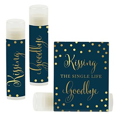 Andaz Press Bridal Shower Bachelorette Party Lip Balm Party Favors, Metallic Gold Ink on Navy Blue, Kissing the Single Life Goodbye, 12-Pack