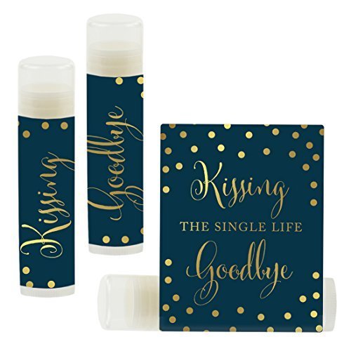 Andaz Press Bridal Shower Bachelorette Party Lip Balm Party Favors, Metallic Gold Ink on Navy Blue, Kissing the Single Life Goodbye, 12-Pack