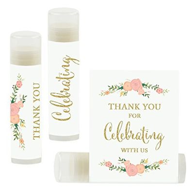 Andaz Press Bridal Shower Bachelorette Party Lip Balm Party Favors, Faux Gold Glitter Print with Florals, Thank You for Celebrating With Us, 12-Pack