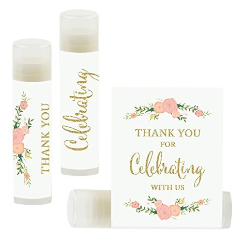 Andaz Press Bridal Shower Bachelorette Party Lip Balm Party Favors, Faux Gold Glitter Print with Florals, Thank You for Celebrating With Us, 12-Pack