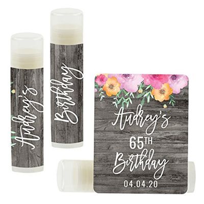 Andaz Press Personalized Bridal Shower Bachelorette Party Lip Balm Party Favors, Florals on Gray Rustic Wood, Audrey's 21st Birthday, 12-Pack, Custom Name