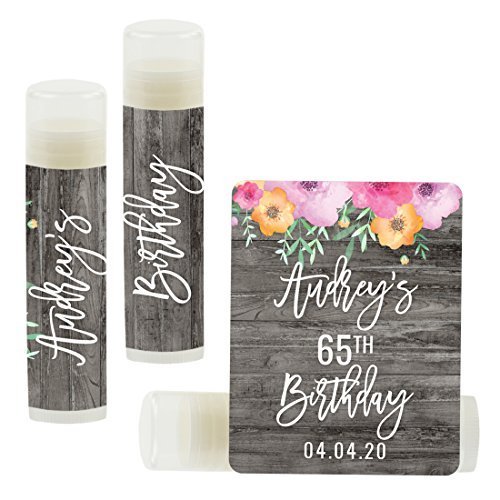 Andaz Press Personalized Bridal Shower Bachelorette Party Lip Balm Party Favors, Florals on Gray Rustic Wood, Audrey's 21st Birthday, 12-Pack, Custom Name