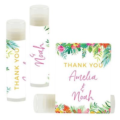 Andaz Press Personalized Wedding Party Lip Balm Party Favors, Tropical Floral Garden Party, Thank You, Bride & Groom Names and Date, Bridesmaid Lip Gloss 12-Pack, Custom